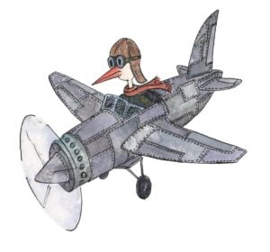 Illustratie/ aquarelle van Stork in vliegtuig